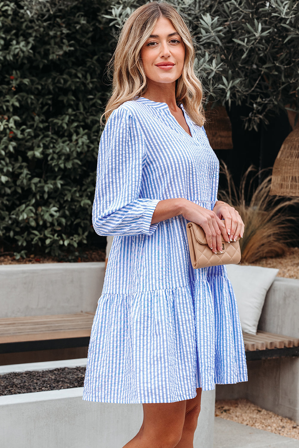 Tiered Bracelet Sleeve Shift Dress Featuring Pockets