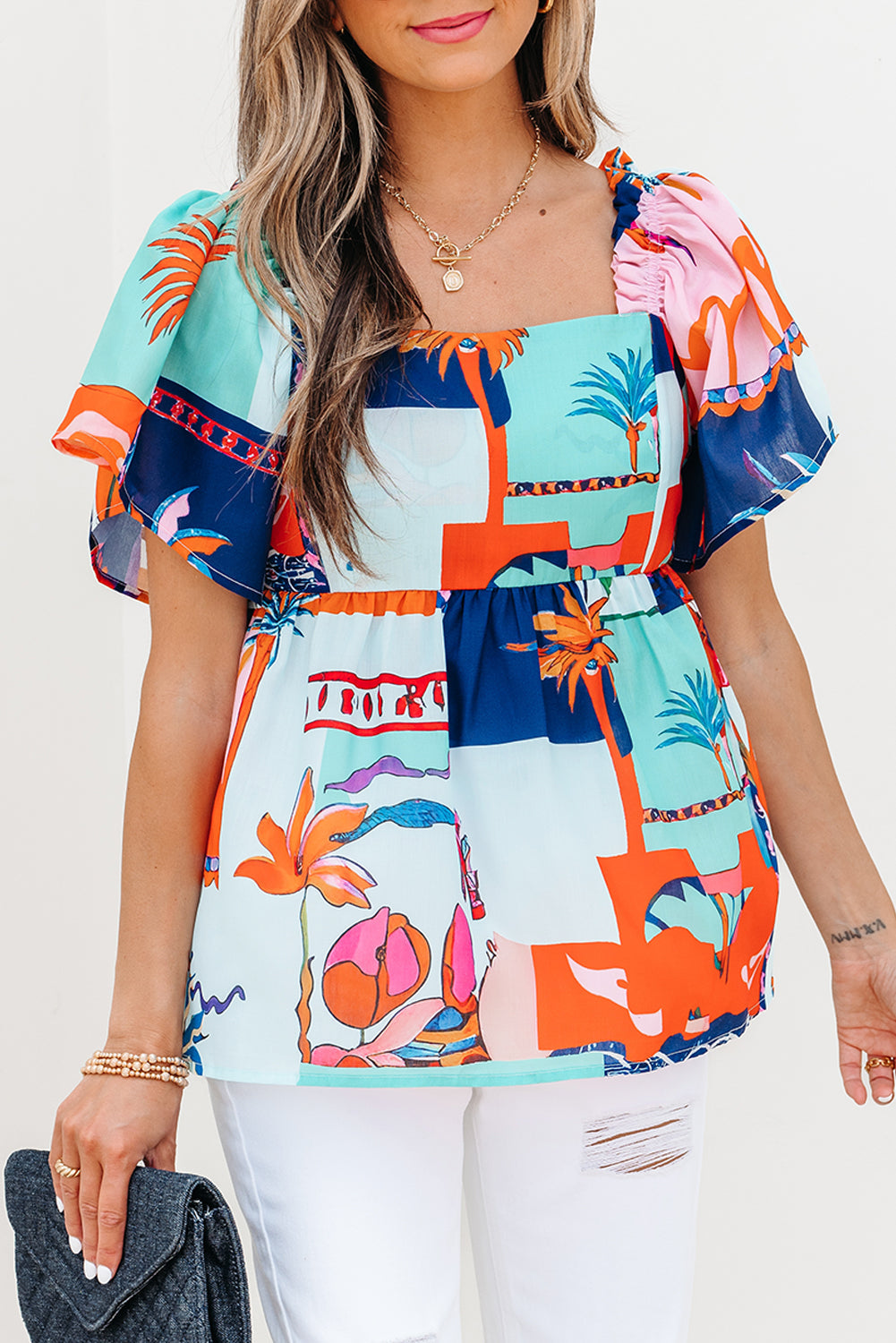 Square Tropical Printed Neck Flutter Sleeve Babydoll Blouse