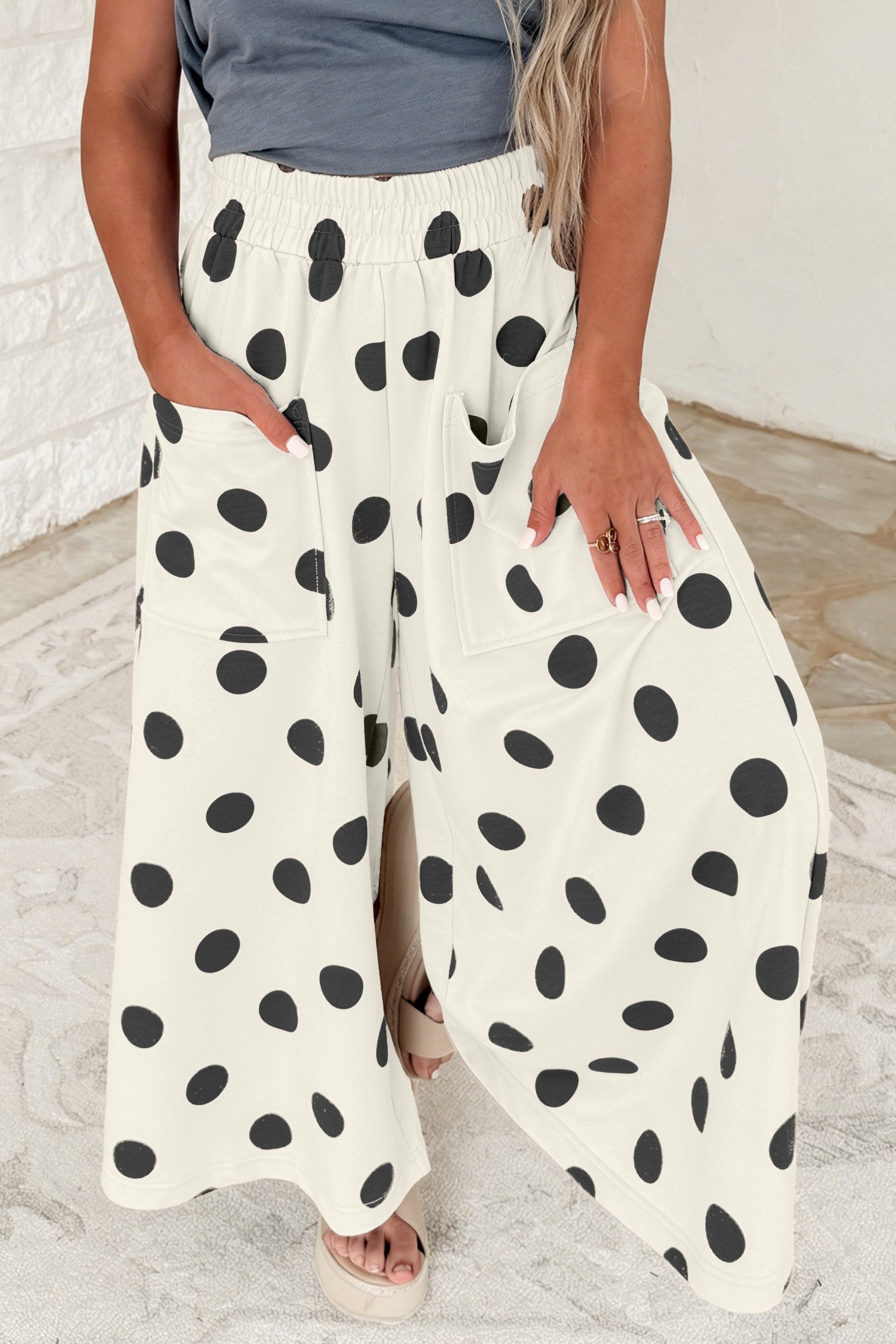 Elastic Polka-Dot Wide-Leg Waist Everyday Pants in Beige