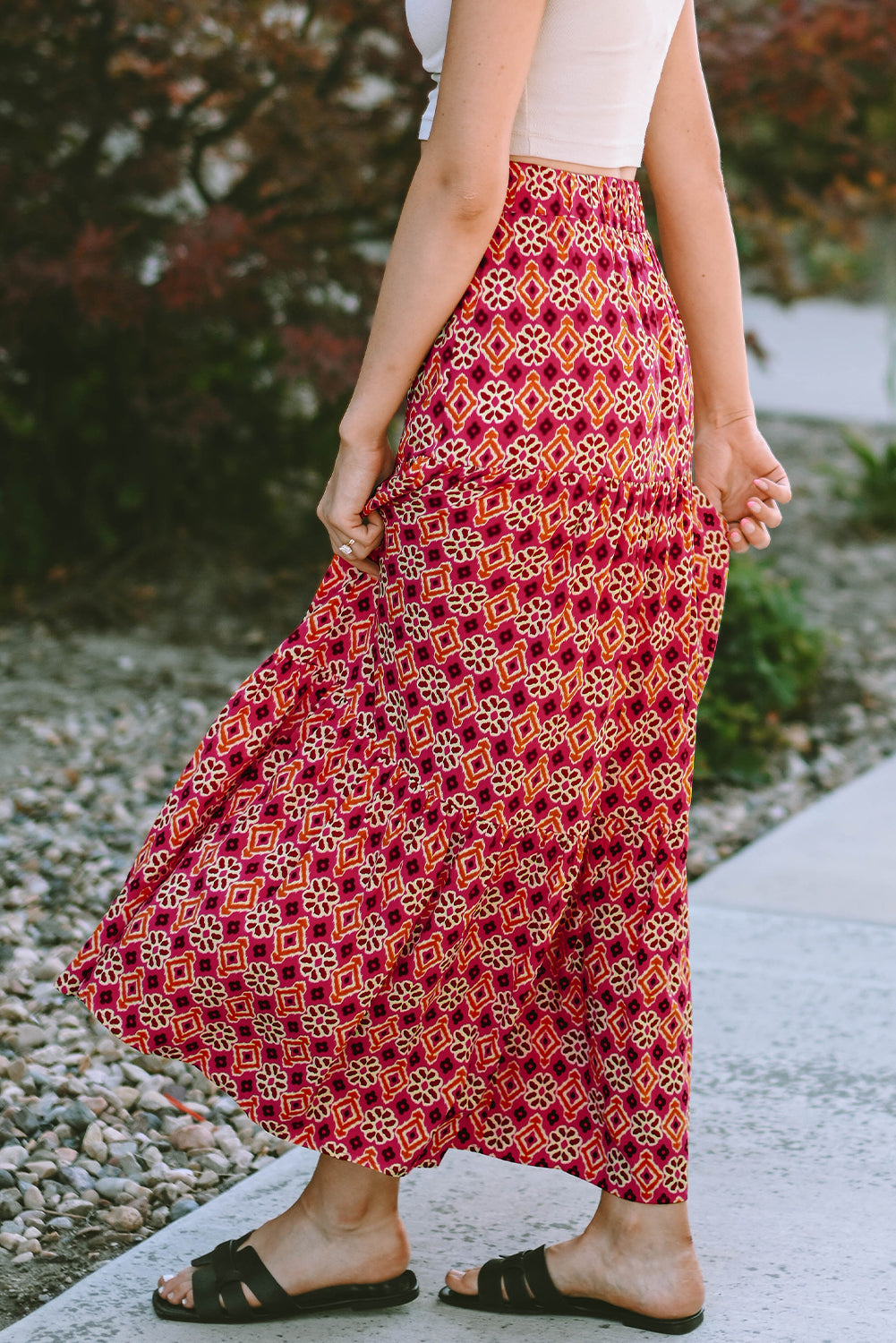 Skirt for Women Print Layered Maxi Vintage Bohemian Floral-Print