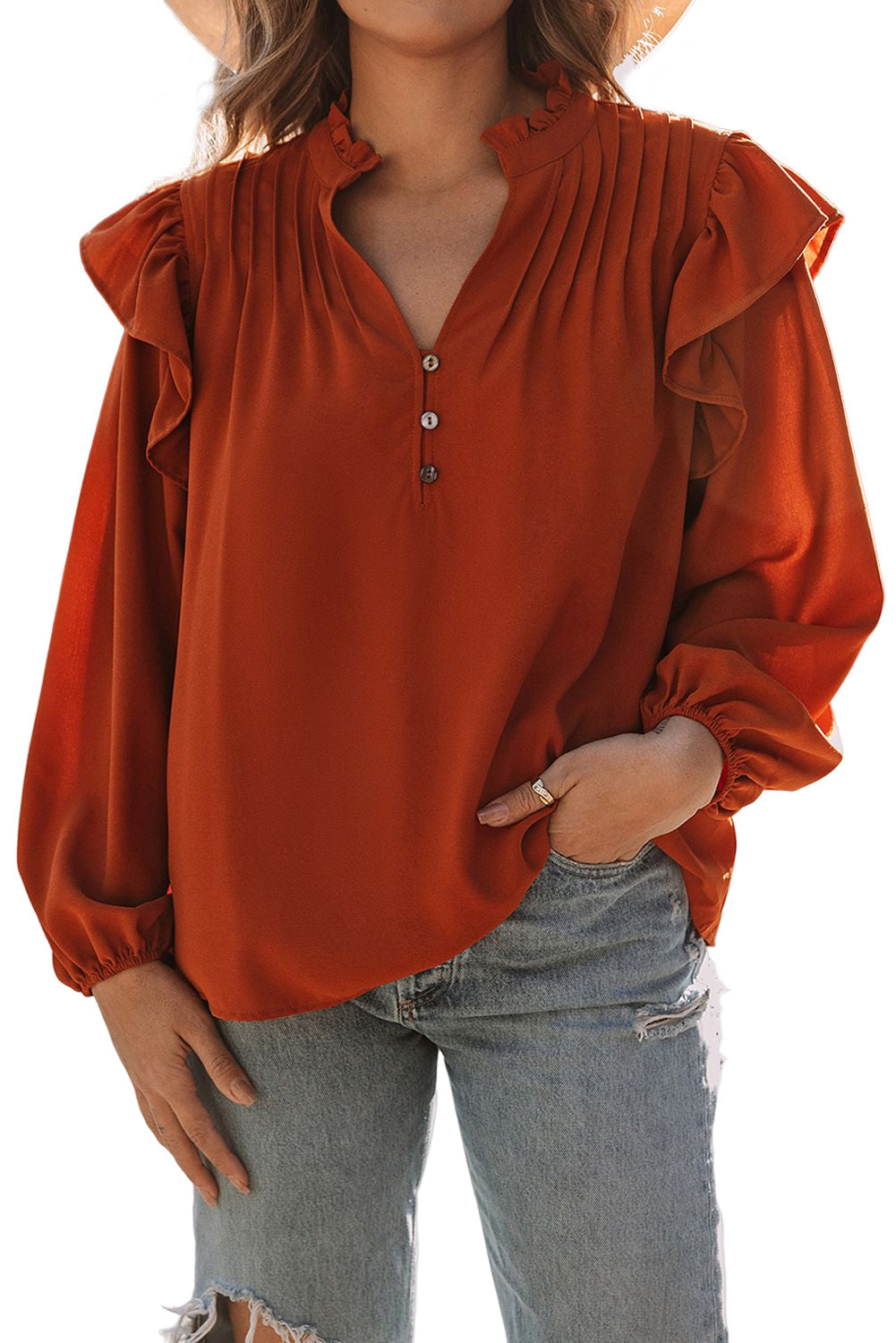 Women's Button-Front V Neck Ruffle-Trimmed Pleat-Detail Blouse