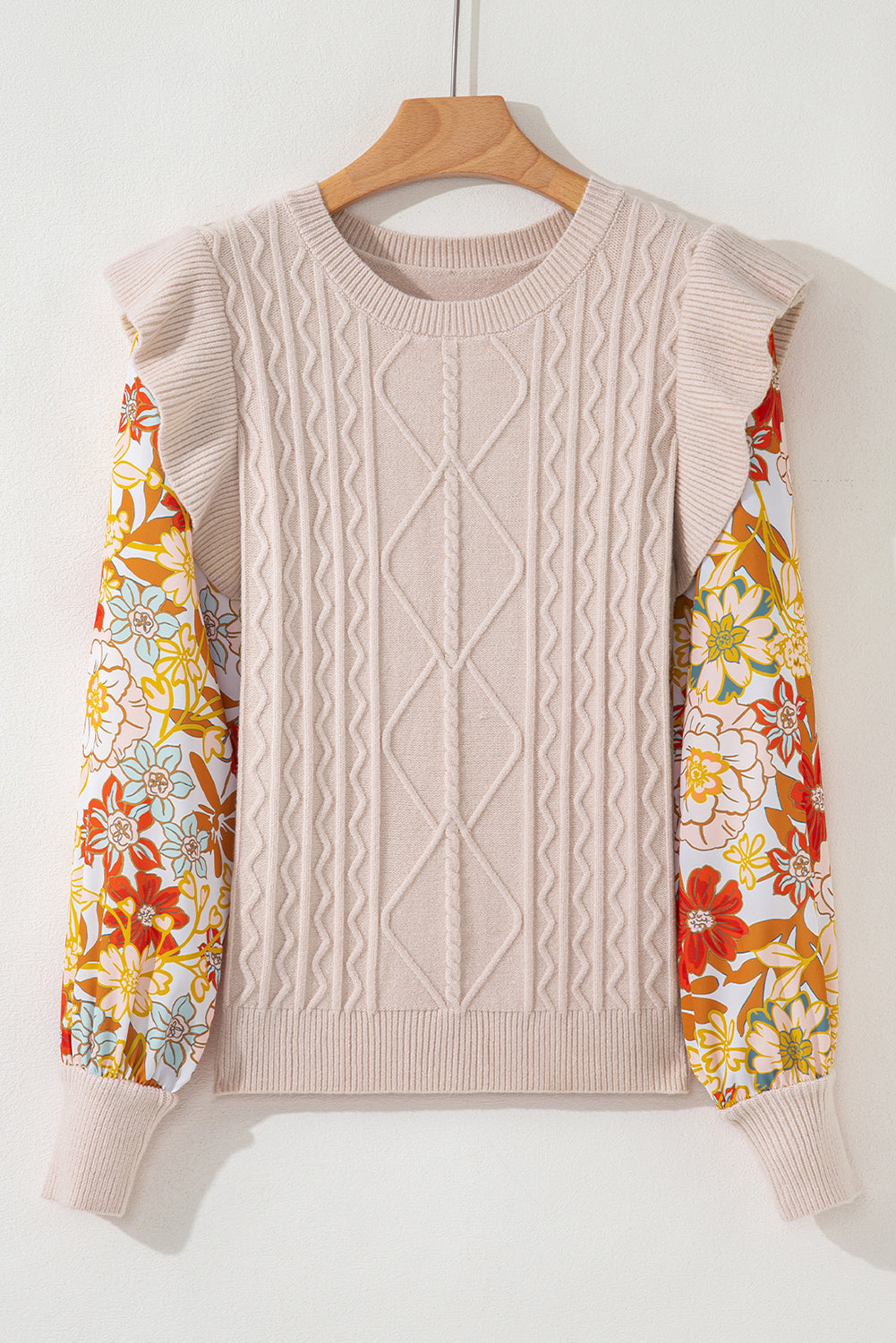 Ruffle Cable Knit Detail Contrast Floral Sleeve Patchwork Knit Top