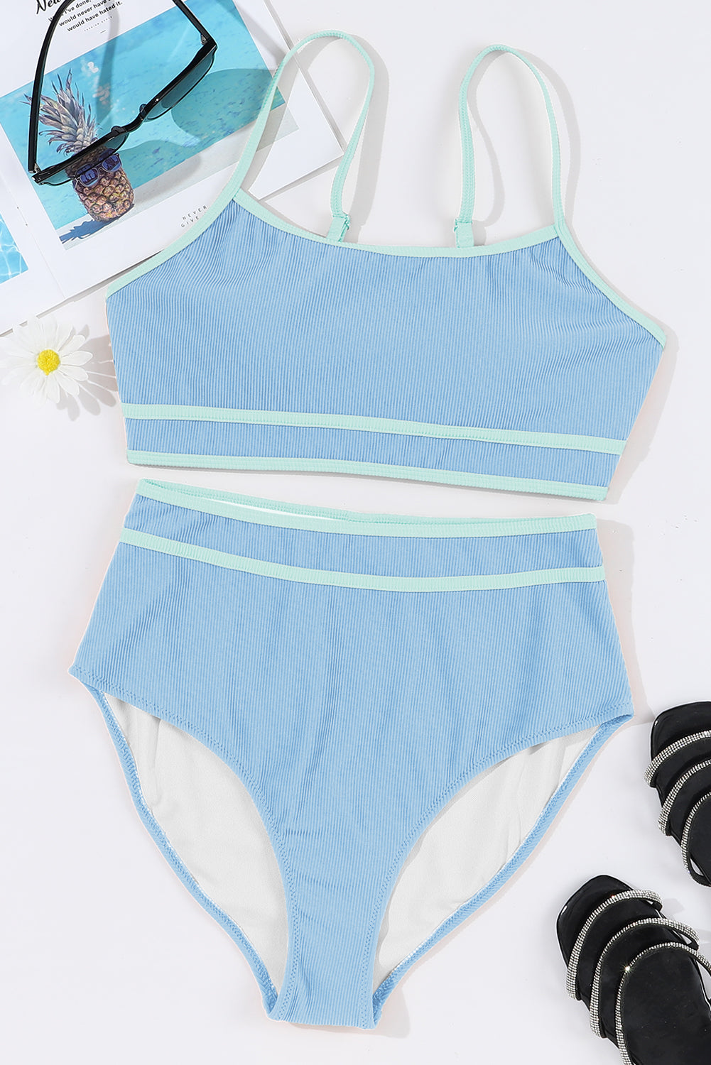 Stylish Rib-Knit Contrast Trim Spaghetti Straps 2pcs Bikini Swimsuit in Beau Blue