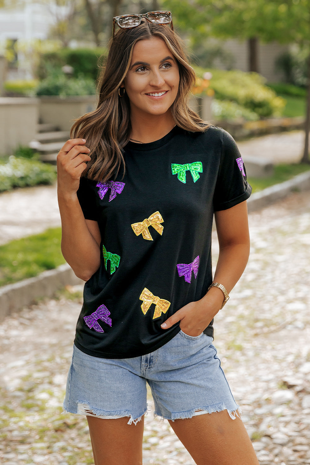 Women's T Shirt with Mardi Gras Sequin Bow Knot-Detail Crew Neck