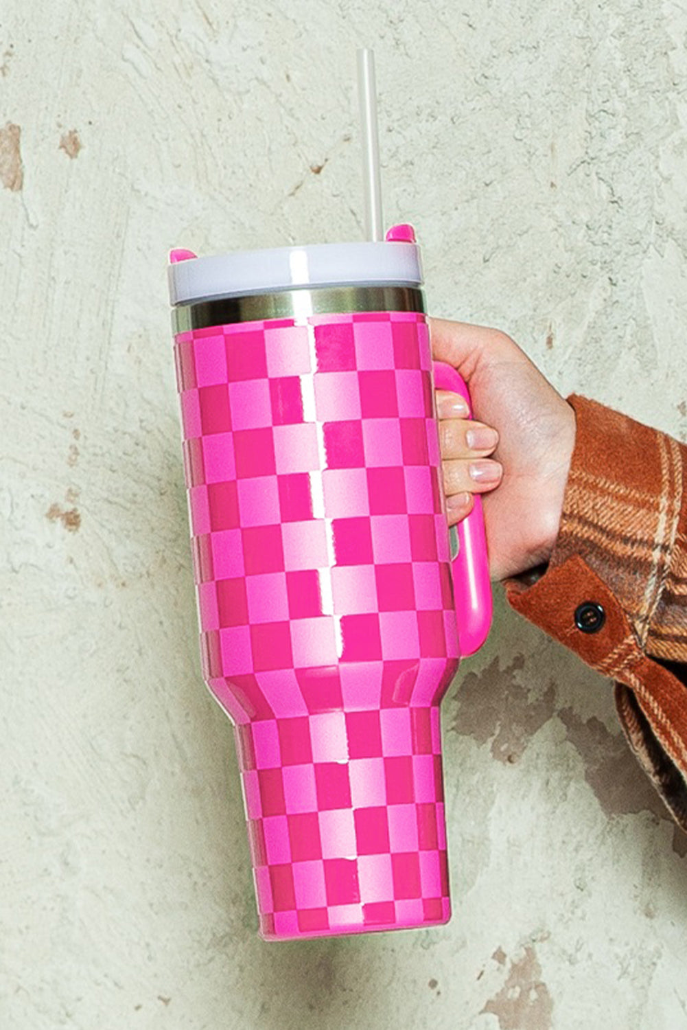 Handled Checkered Print Stainless Steel Tumbler Cup 40oz