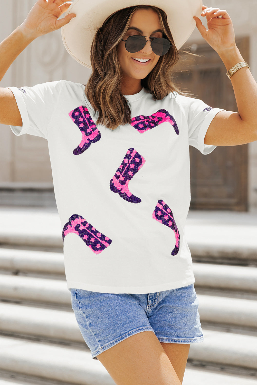 Women's T Shirt Featuring Neck Sequin Western Boots Round