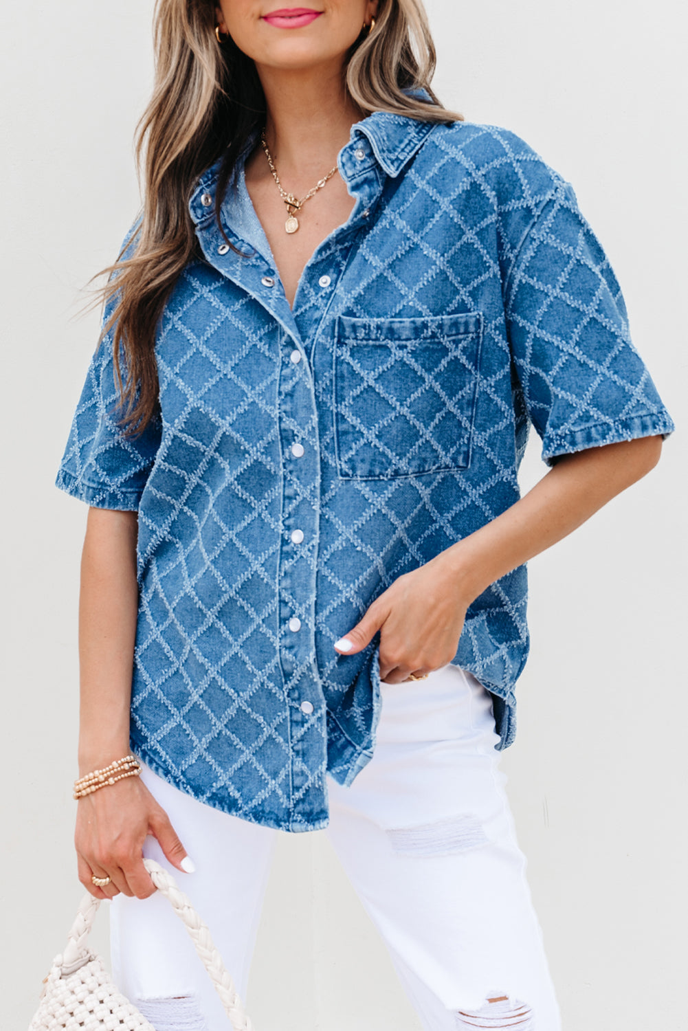 Short-Sleeved Checkered Textured Patched Pocket Denim Shirt