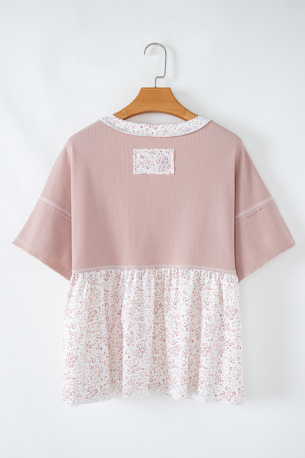 Waffle Floral Patchwork Short Sleeve Top