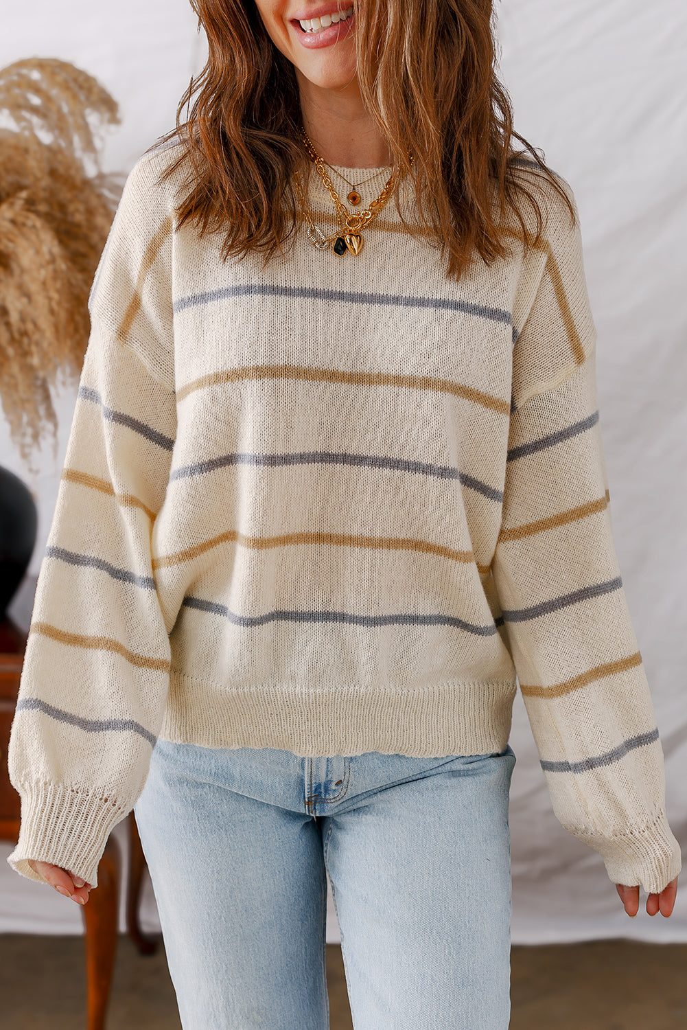 Striped Drop-Shoulder Rib-Knit Edge Knit Top in Multicolour