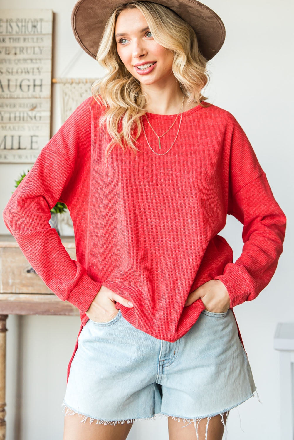 Top for Women Waffle Knitted Side Slit Pullover