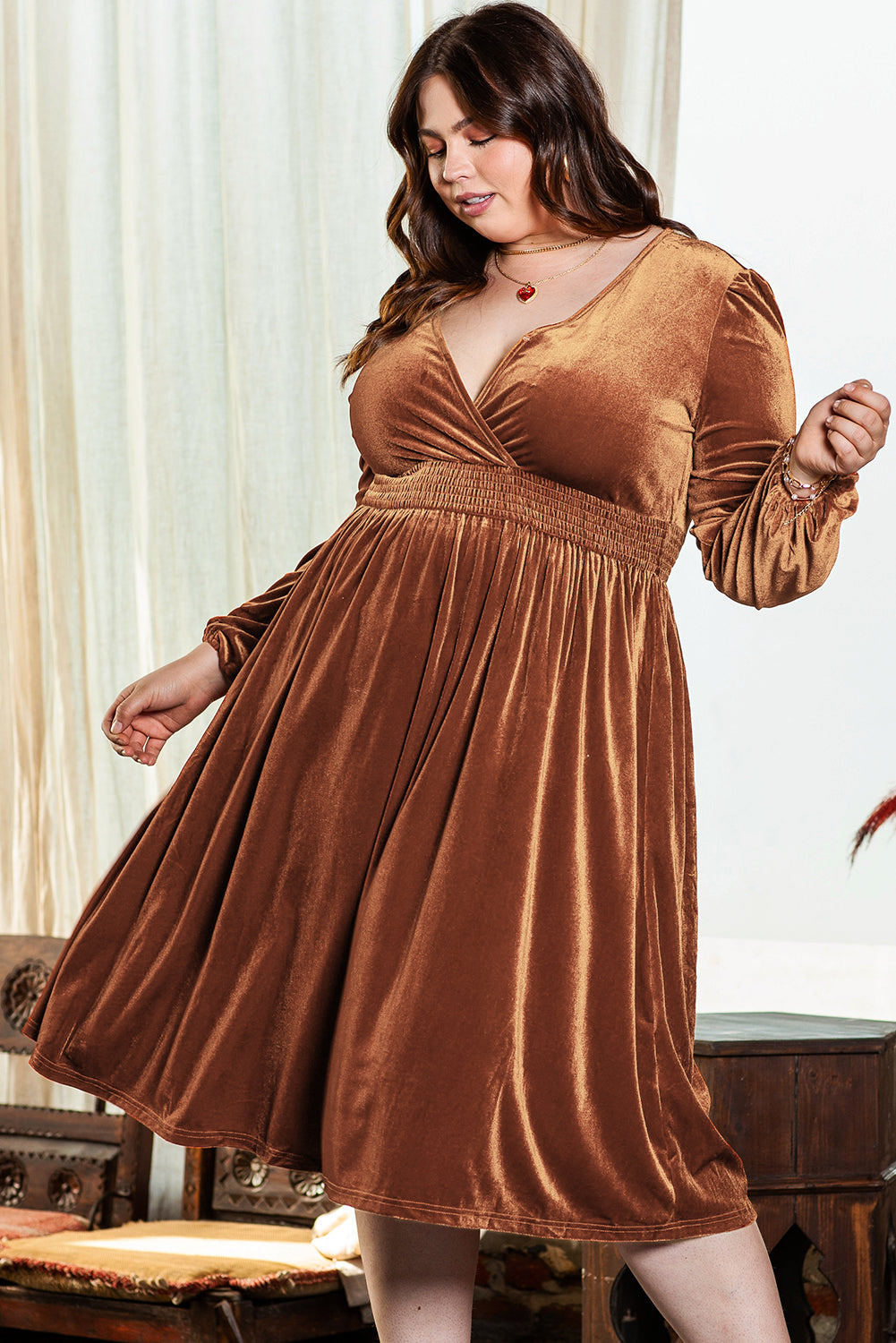 Women's Dress with Balloon Sleeve Velvet Plus Size