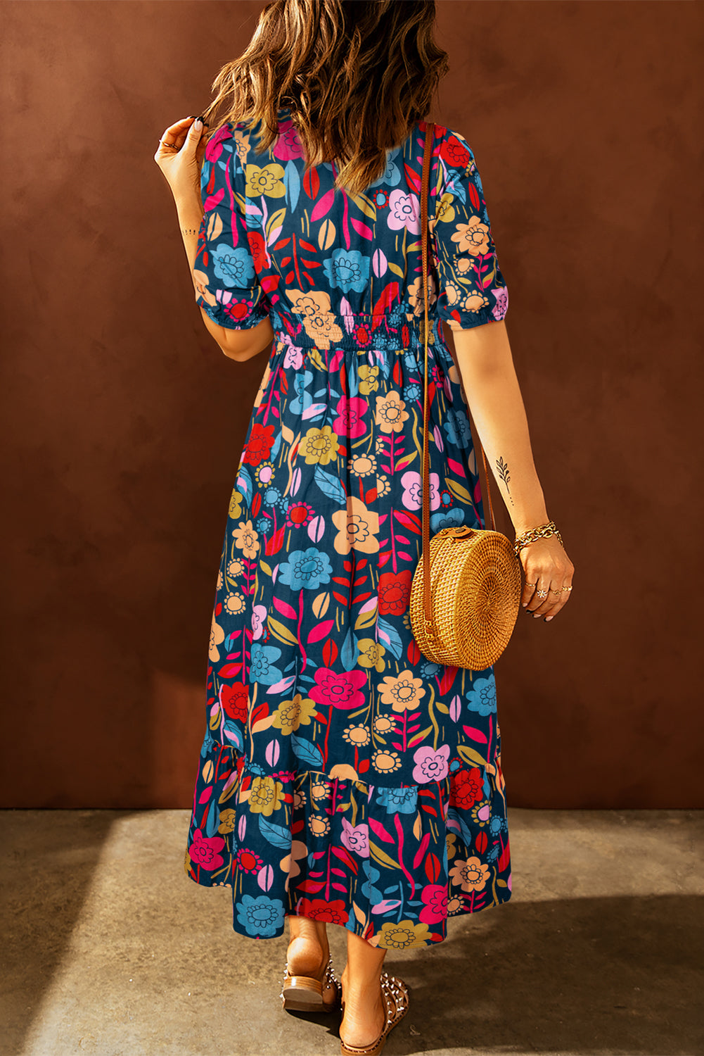 Women's Maxi Dress Featuring Retro Floral-Print Split Neck