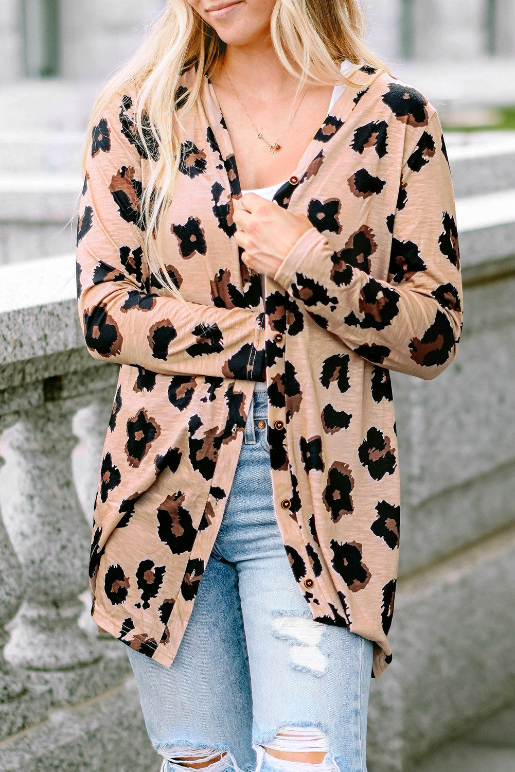 Women's Cardigan with Open Front Leopard-Print Printed