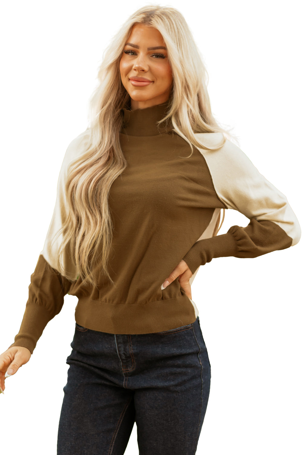 Raglan Puff Colorblock Puff Sleeve Mock-Neck Knit Top