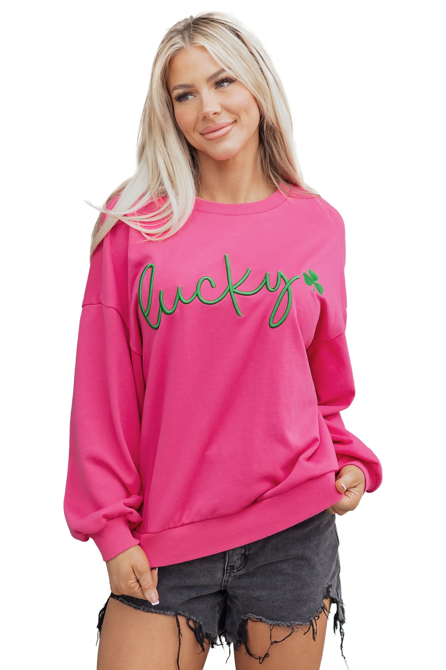 Embroidered Lucky Clover Loose Pullover Sweatshirt in Rose Red