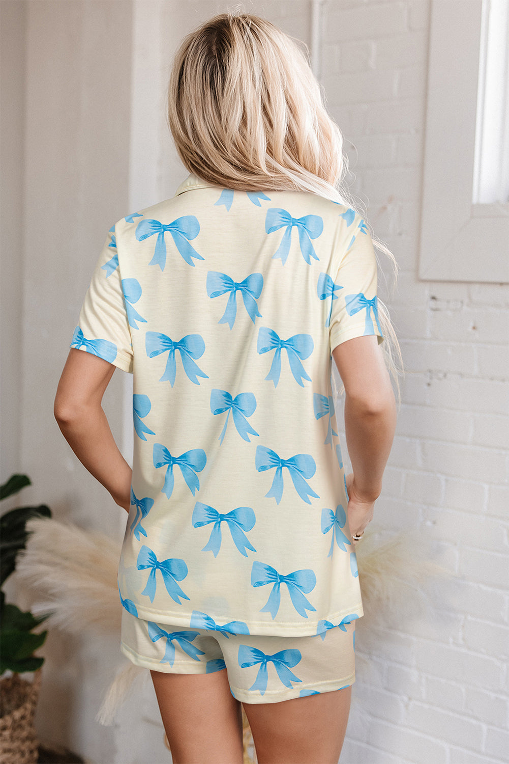 Printed Short-Sleeved Bow Short-Sleeved Shirt Shorts Pajama Set