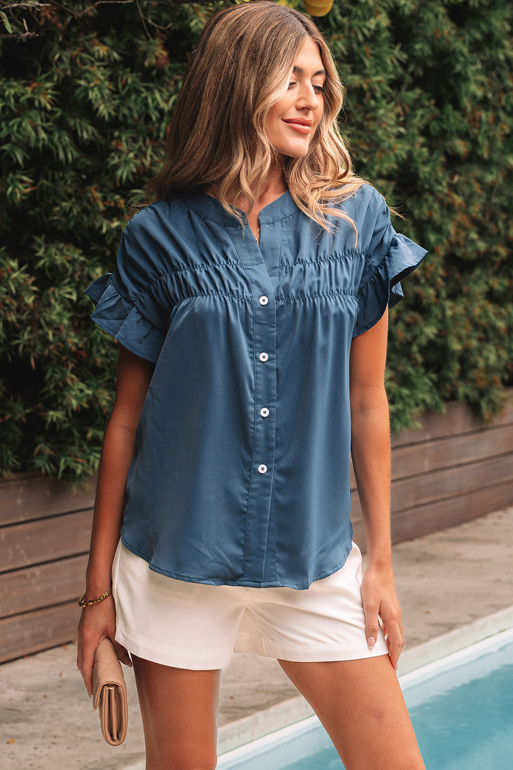 Ruffle Ruched Solid Ruched Short-Sleeved Button-Front Shirt