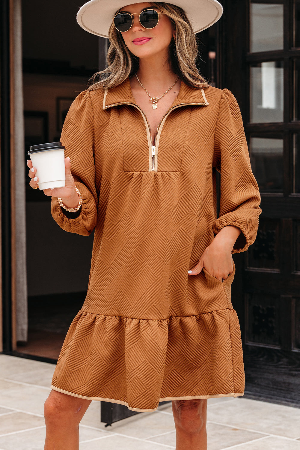 Quarter Bracelet Zip Collar Sleeve Textured Mini Dress