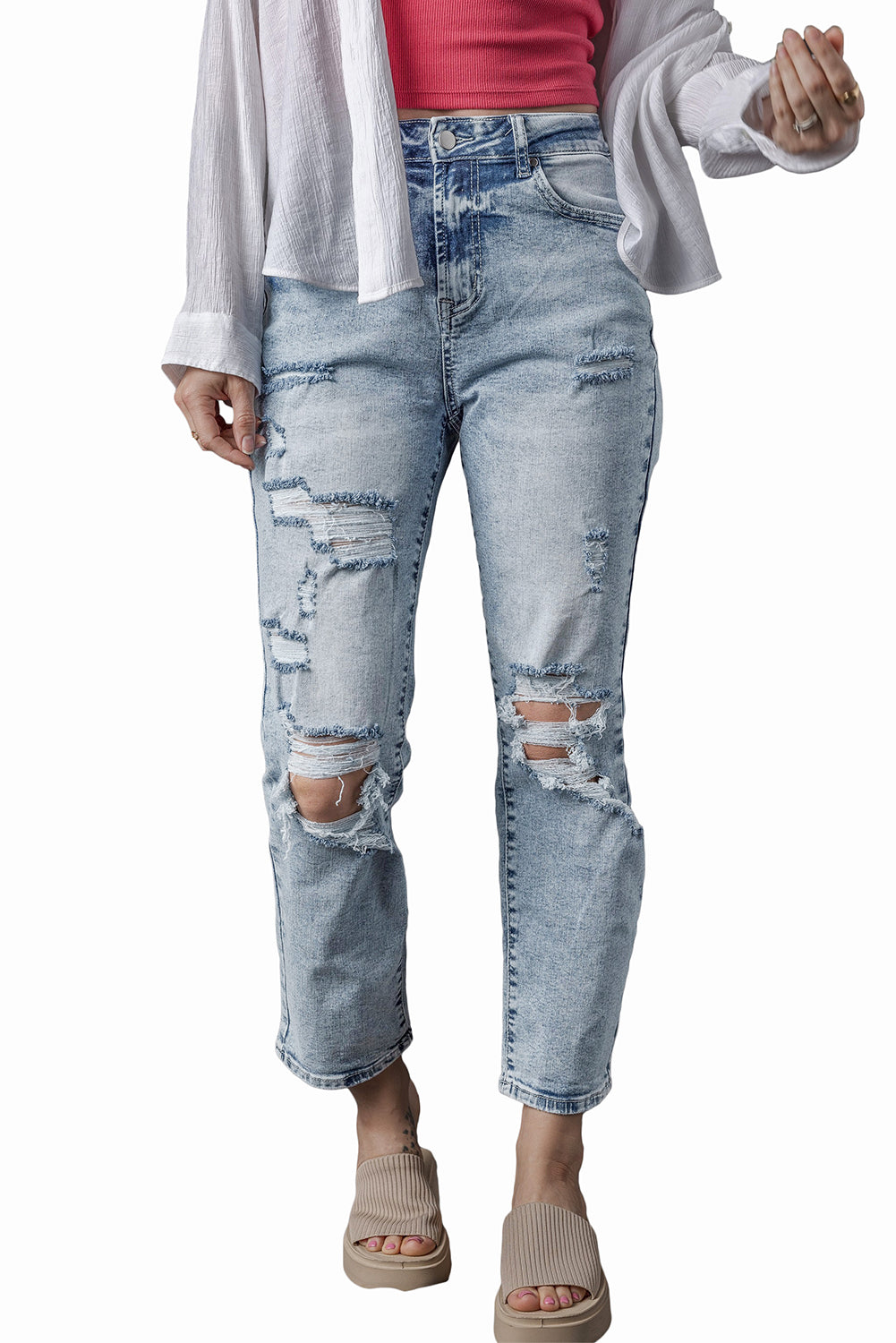 Women's Light Wash Frayed High-Rise Jeans