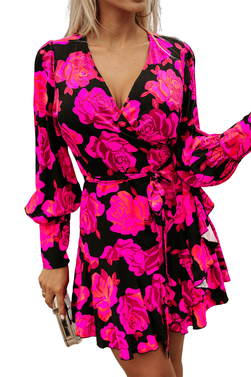 Dresses for Women Print V Neck Wrap Bishop Sleeve Ruffle-Trimmed Layered Mini Floral-Print