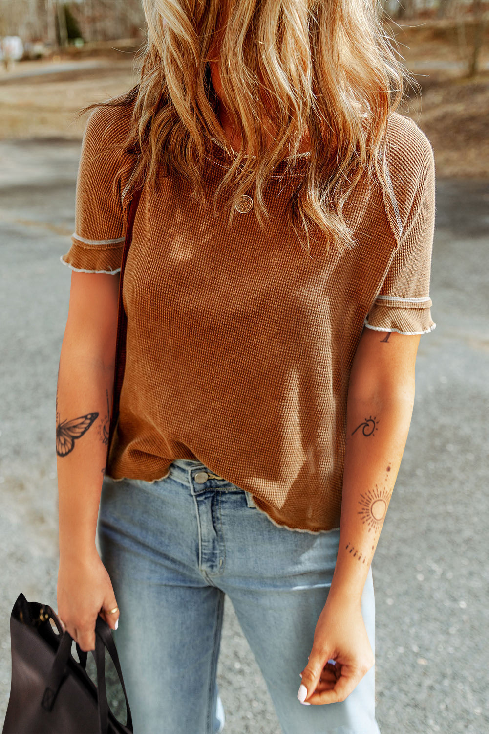 T-shirt for Women Waffle Knitted Frill-Trimmed Edge