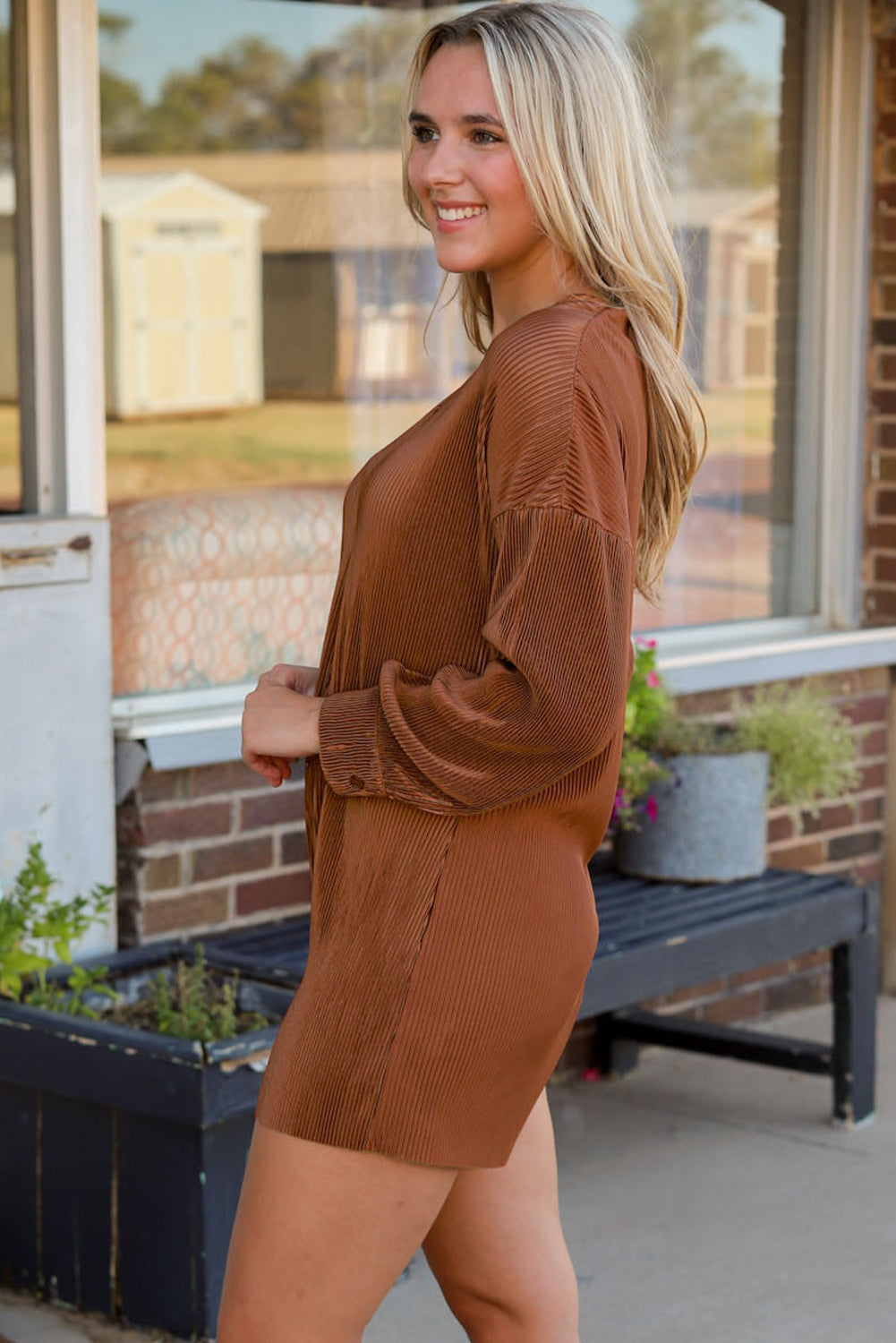 Romper for Women Rib-Knitted Long-Sleeve Button Front