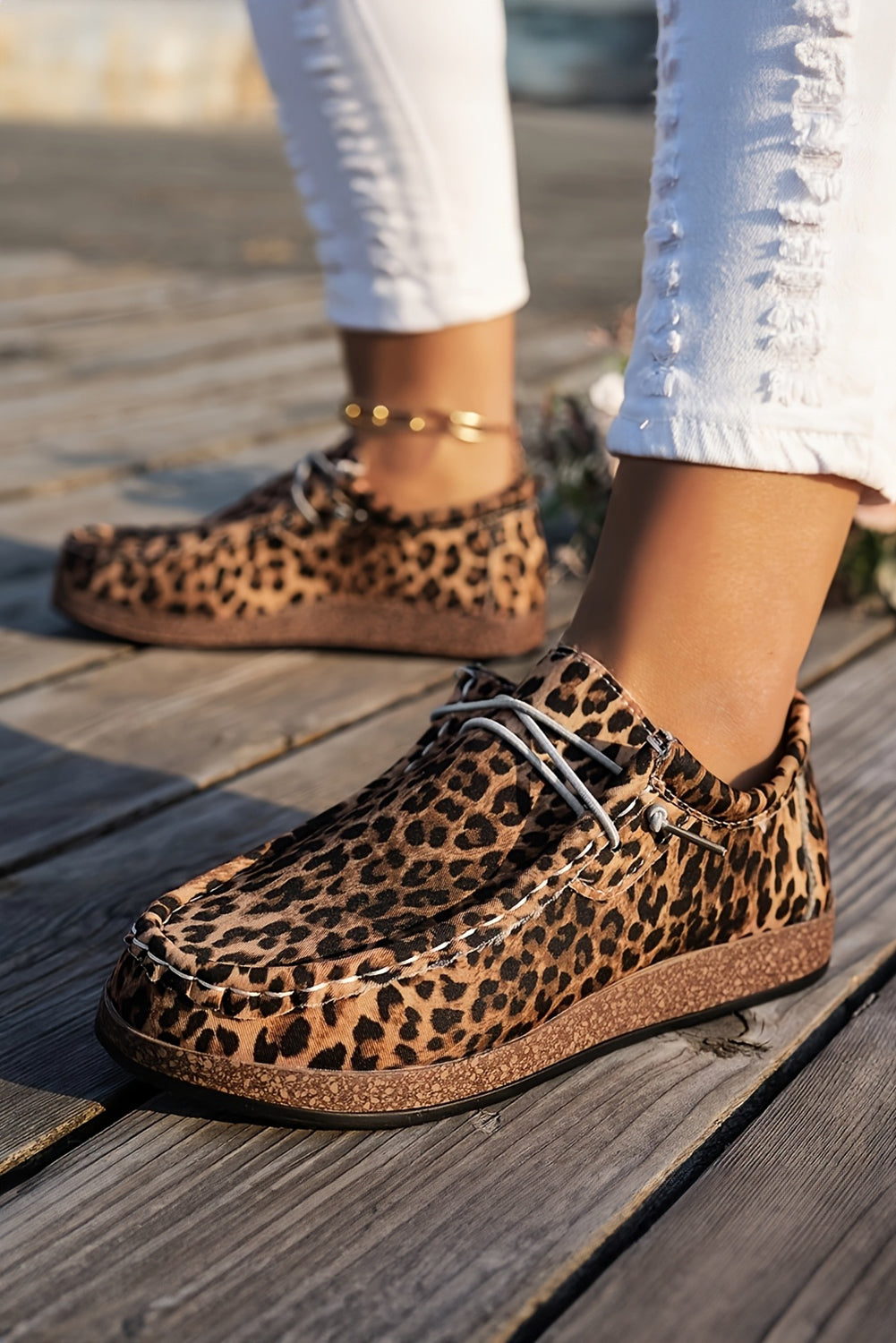 Leopard Lace-up Faux Suede Decor Slip On Shoes