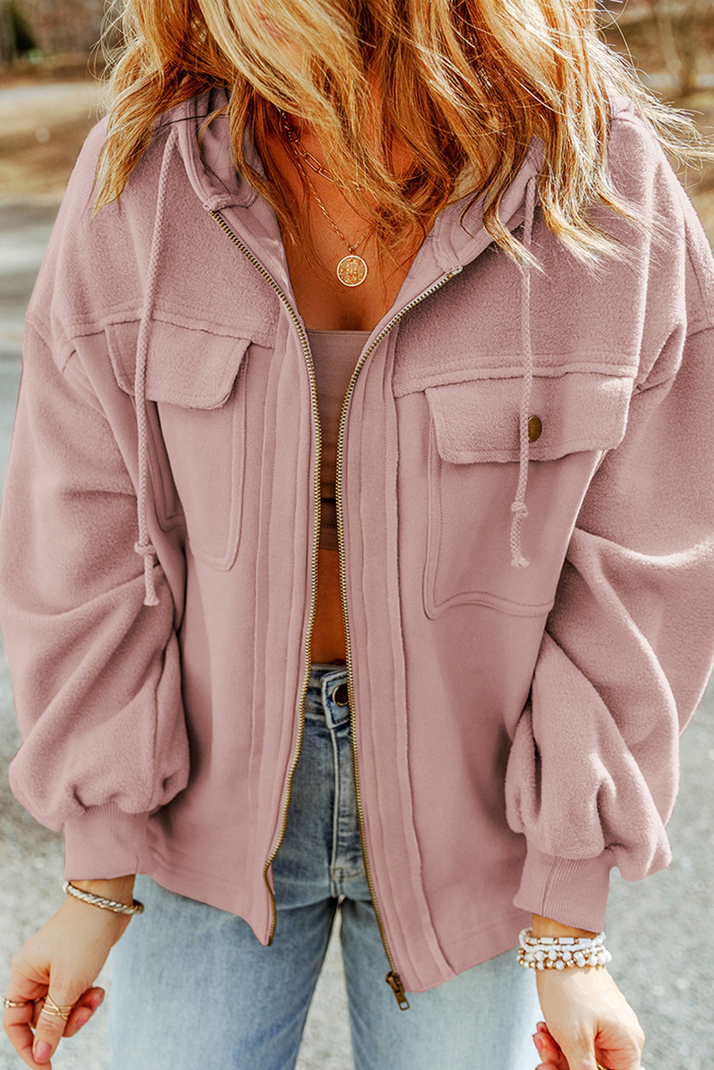 Jacket for Women Flap Pocket Drawcord Hood
