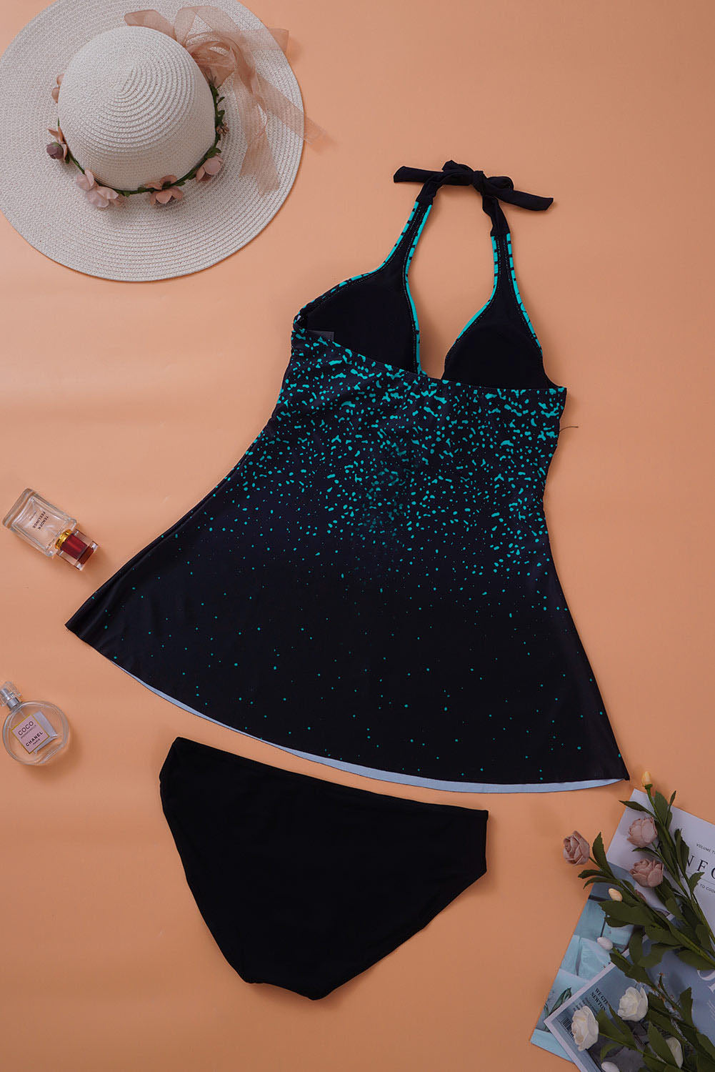 Women's Tankini Set with Halterneck Turquoise Dot Print