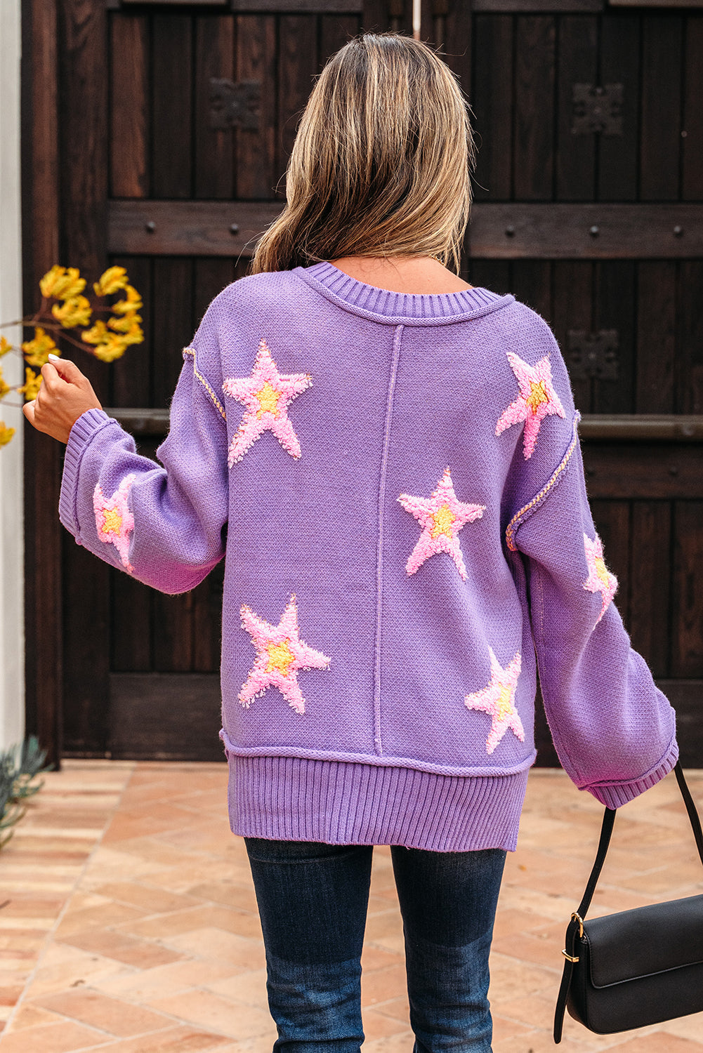 Graphic Brushed Star V-Neck Drop-Shoulder Oversize Knit Top