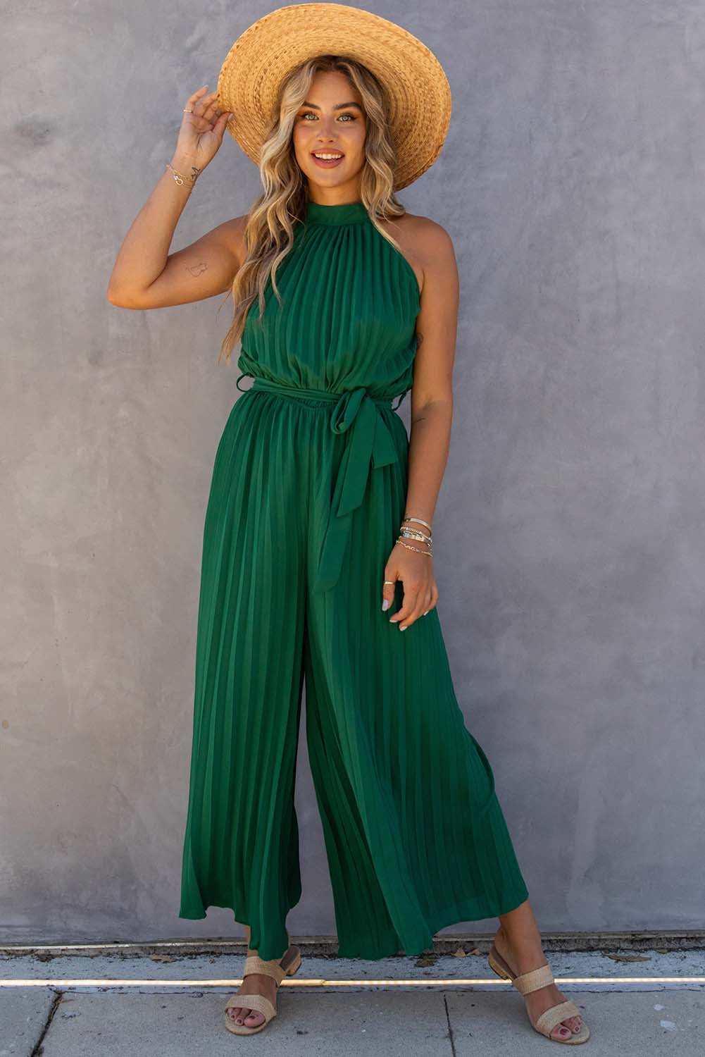 Leg Jumpsuit for Women Halter Neck Pleat-Detail Wide