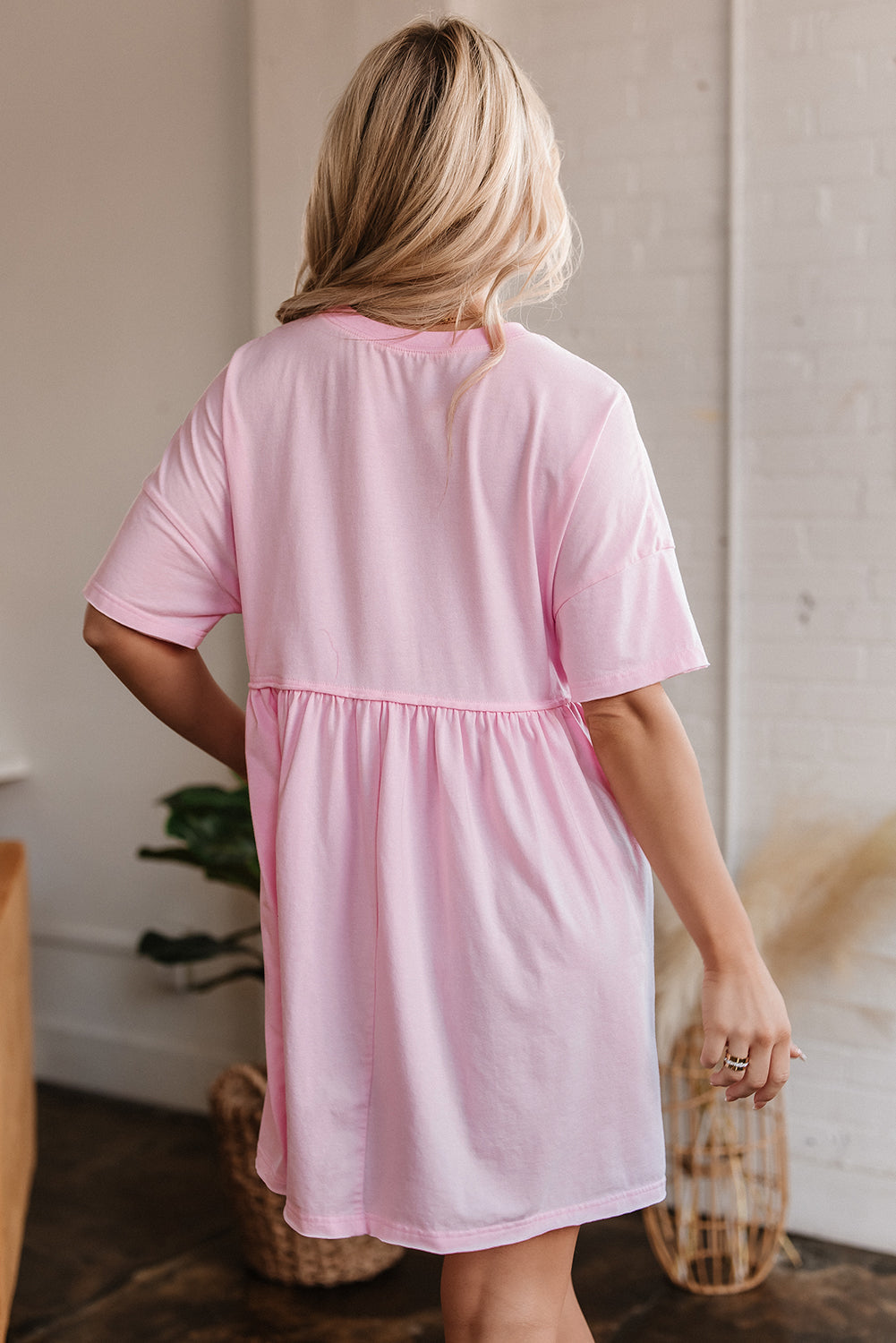 Pink Pocketed Raw Edge Babydoll Dress