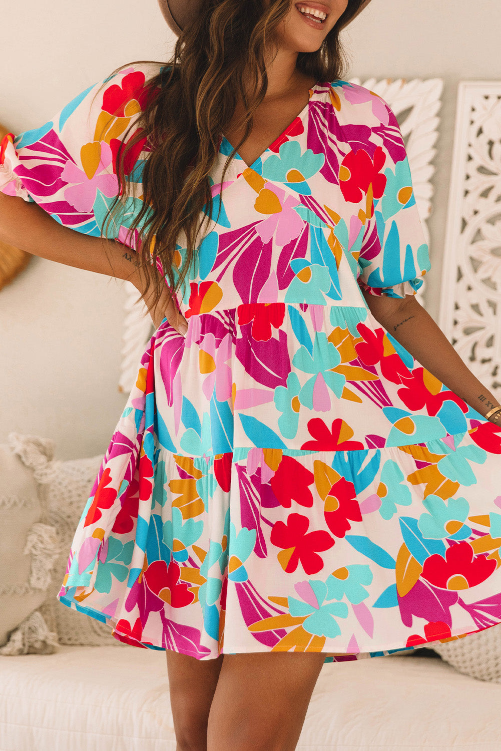 Rose Red Floral V Neck Tiered Ruffle Babydoll Dress