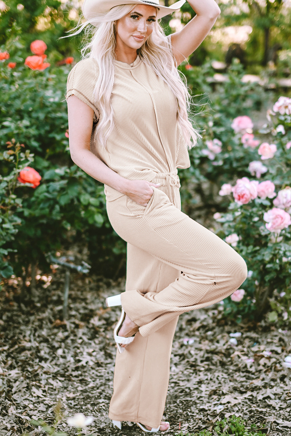 Women's Tee Pants 2-Piece Seam Rib-Knitted Outfit