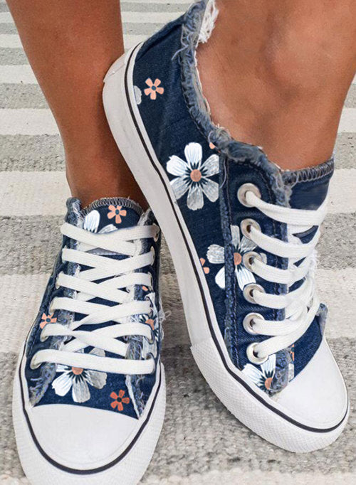 Floral-Print Lace-up Canvas Sneakers