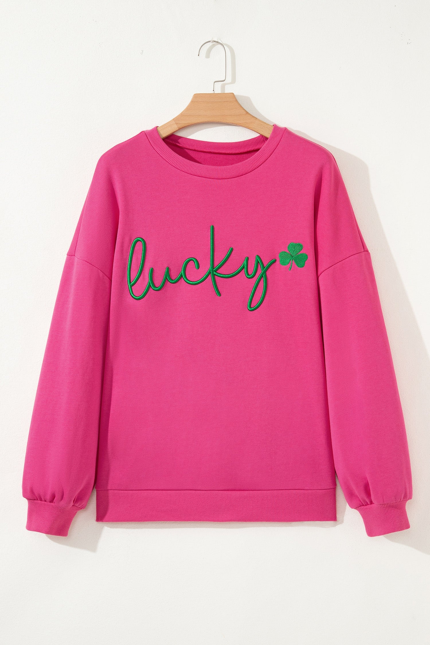Embroidered Lucky Clover Loose Pullover Sweatshirt in Rose Red