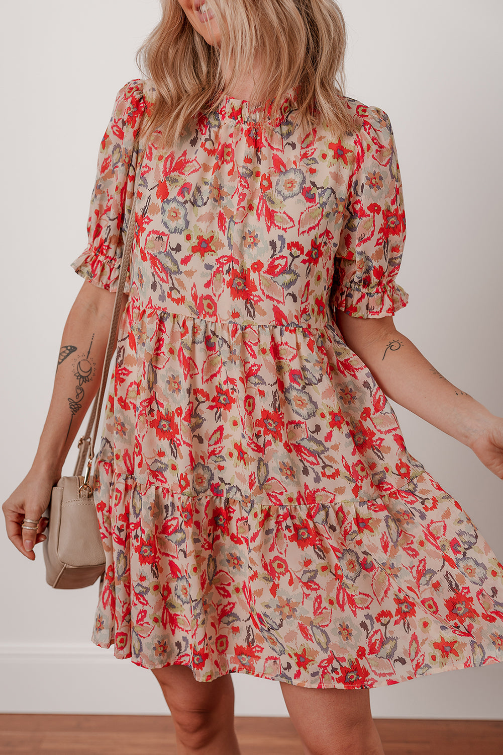 Floral Print Frilled Neck Puff Sleeve High Waist Dress