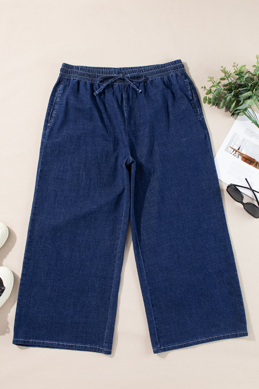 Plus High-Waisted Size Drawcord Wide-Leg Everyday Jeans in Real Teal