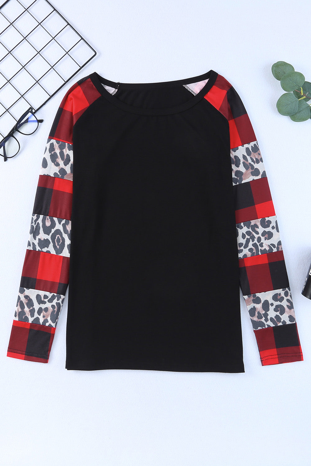 Women's Plaid Leopard-Print Print Long-Sleeve Top