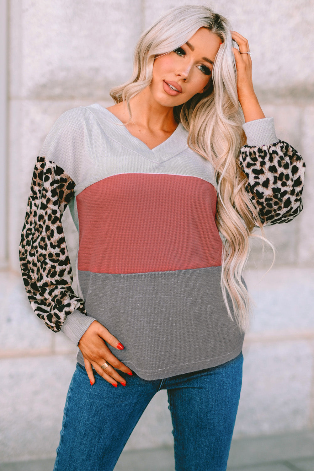 Women's Waffle Contrast Sleeve Knit Top