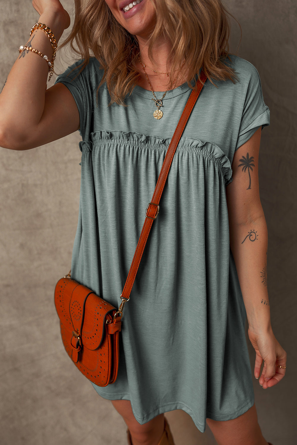 Frilled Gathered Seam T Shirt Dress