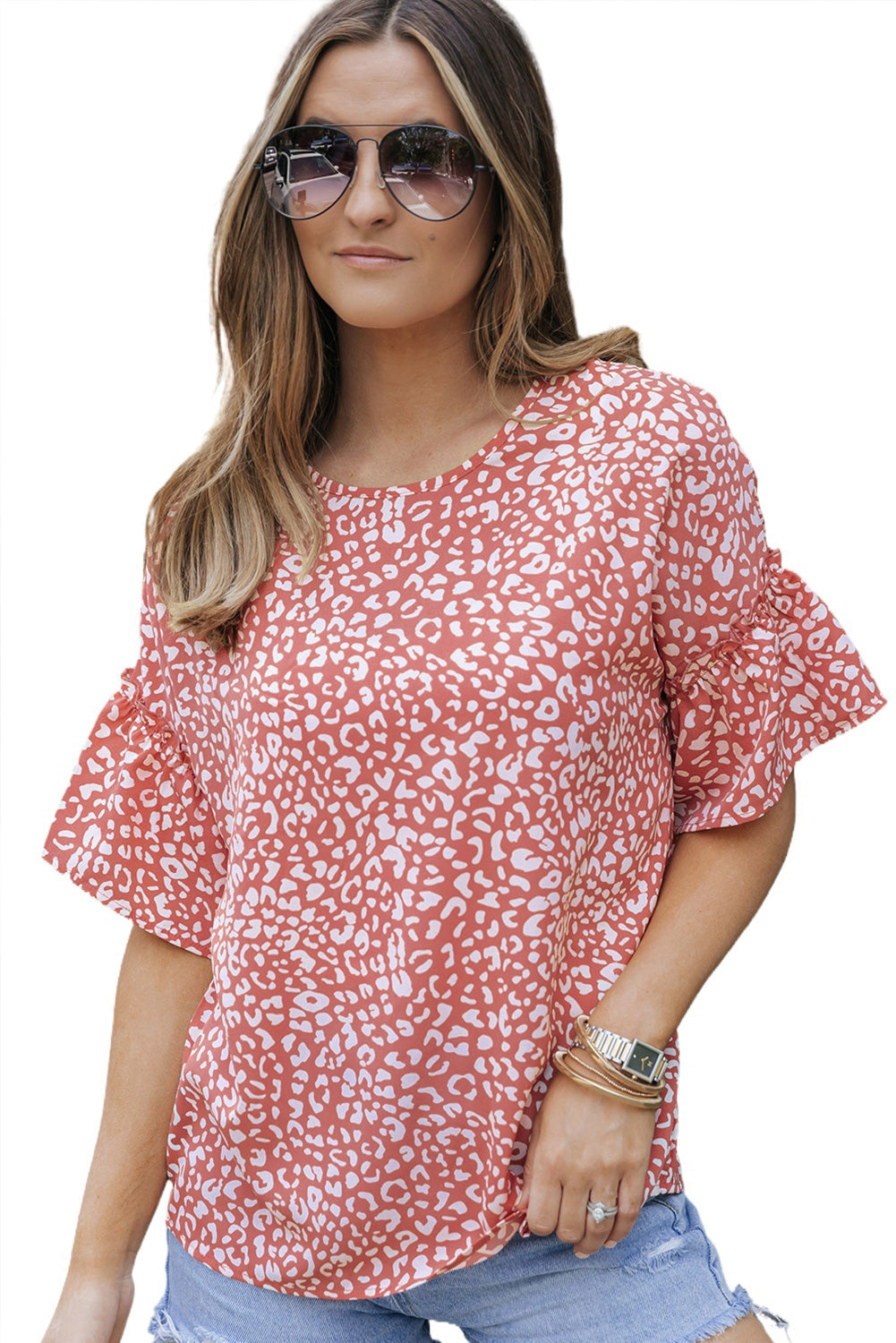 Women's T-shirt Featuring Leopard-Print Ruffle-Trimmed Sleeve