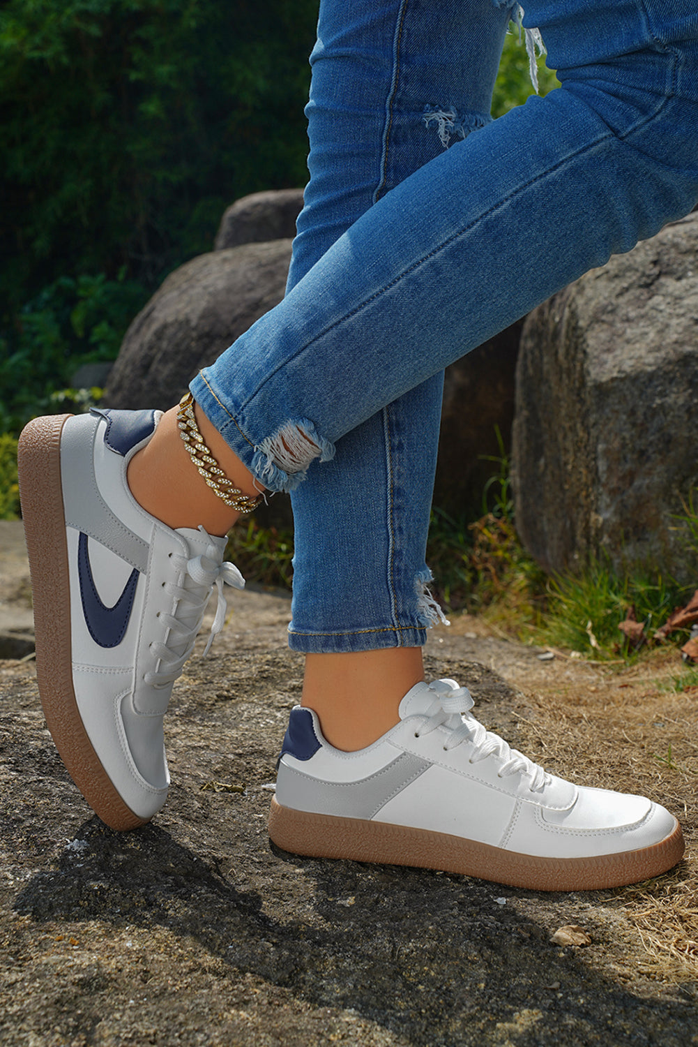 Color Contrast PU Leather Lace-up Sneakers Style