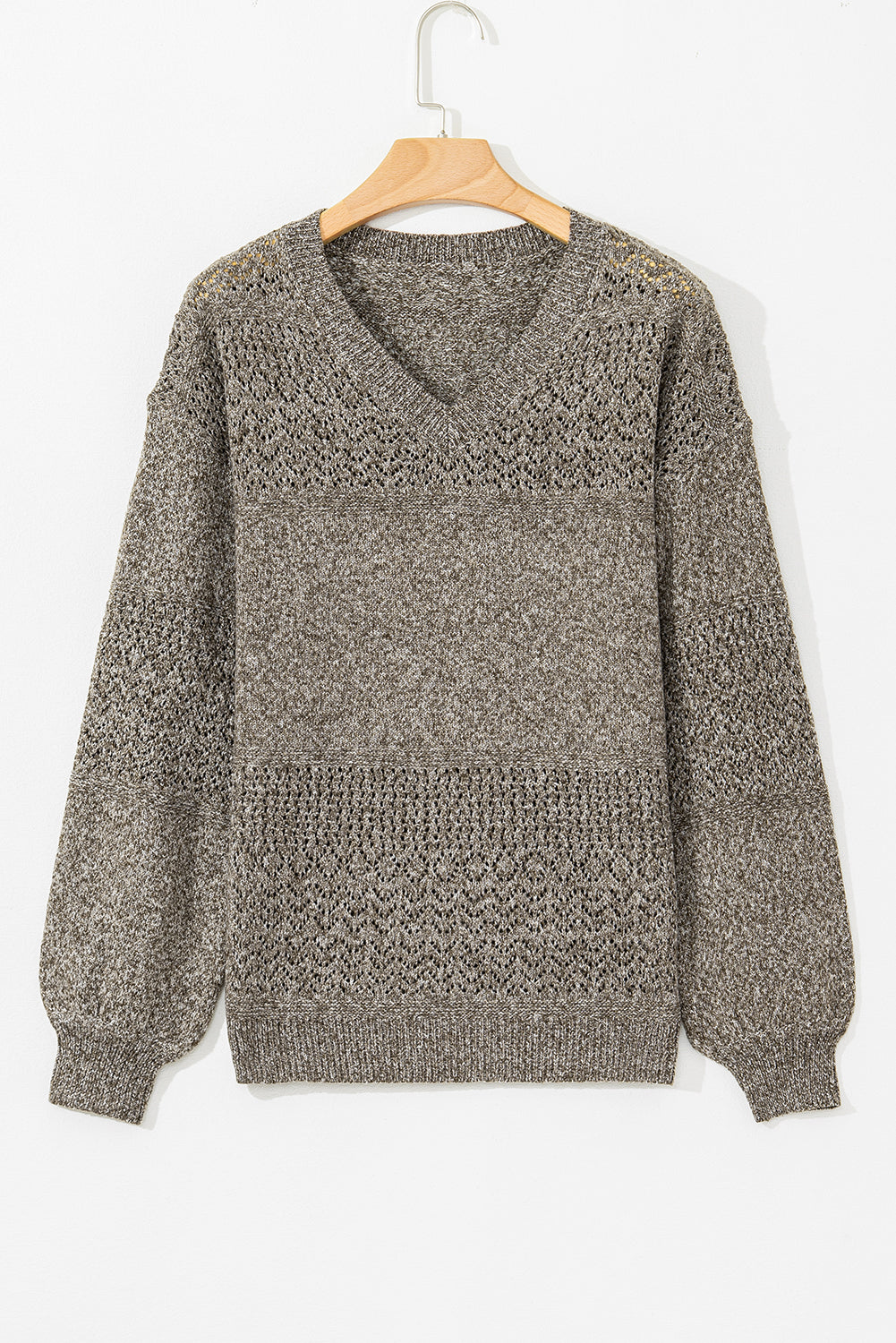 Eyelet Pattern Detail V Neck Drop Shoulder Sweater