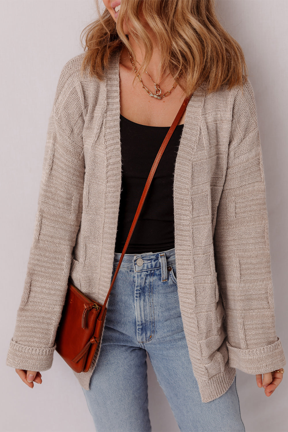 Textured Knit Open-Front Polished Cardigan Featuring Pockets