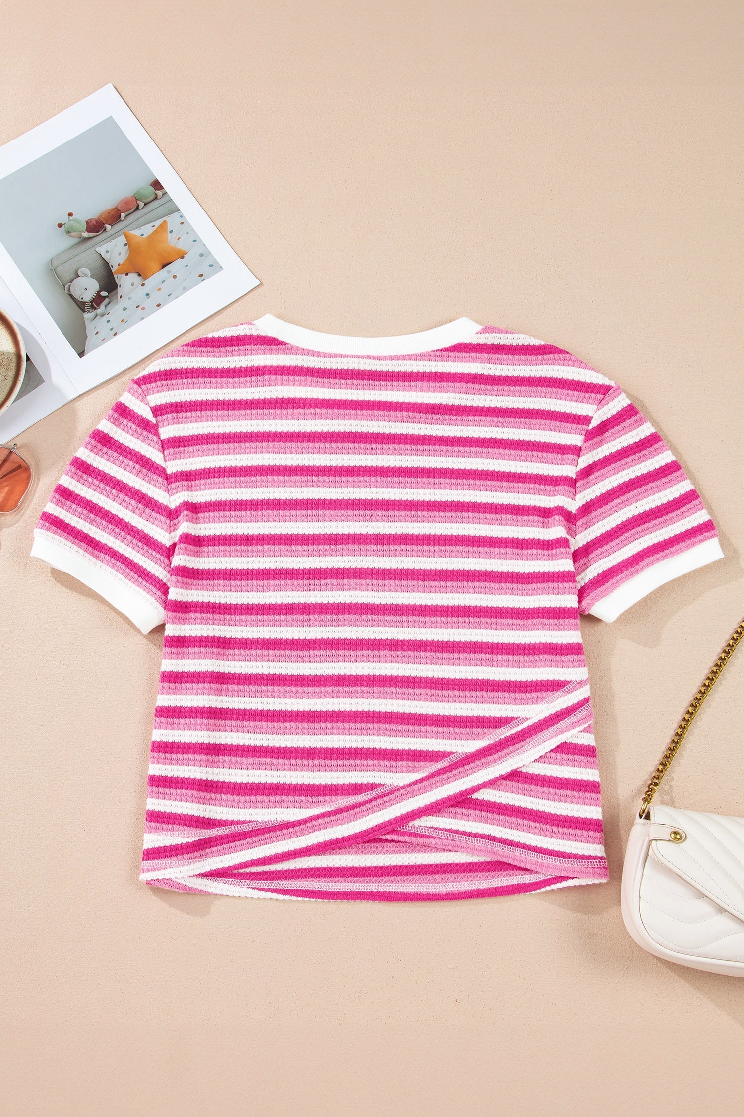 Sachet Pink Textured Knit Short-Sleeved Crossed Detail Tee
