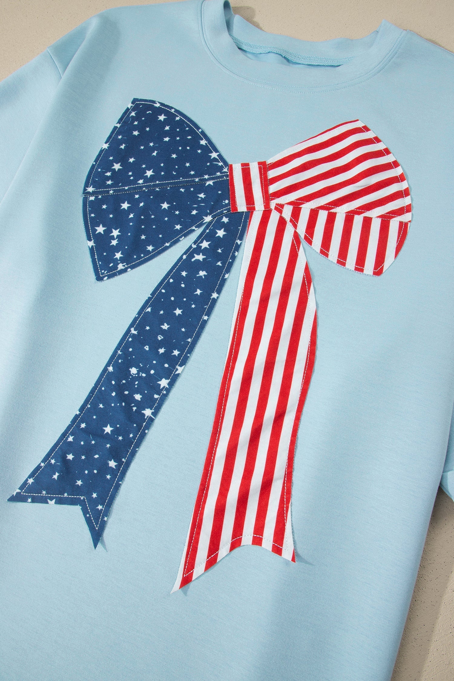 Plus Size Patriotic Bow Patchwork Graphic T-Shirt in Beau Blue