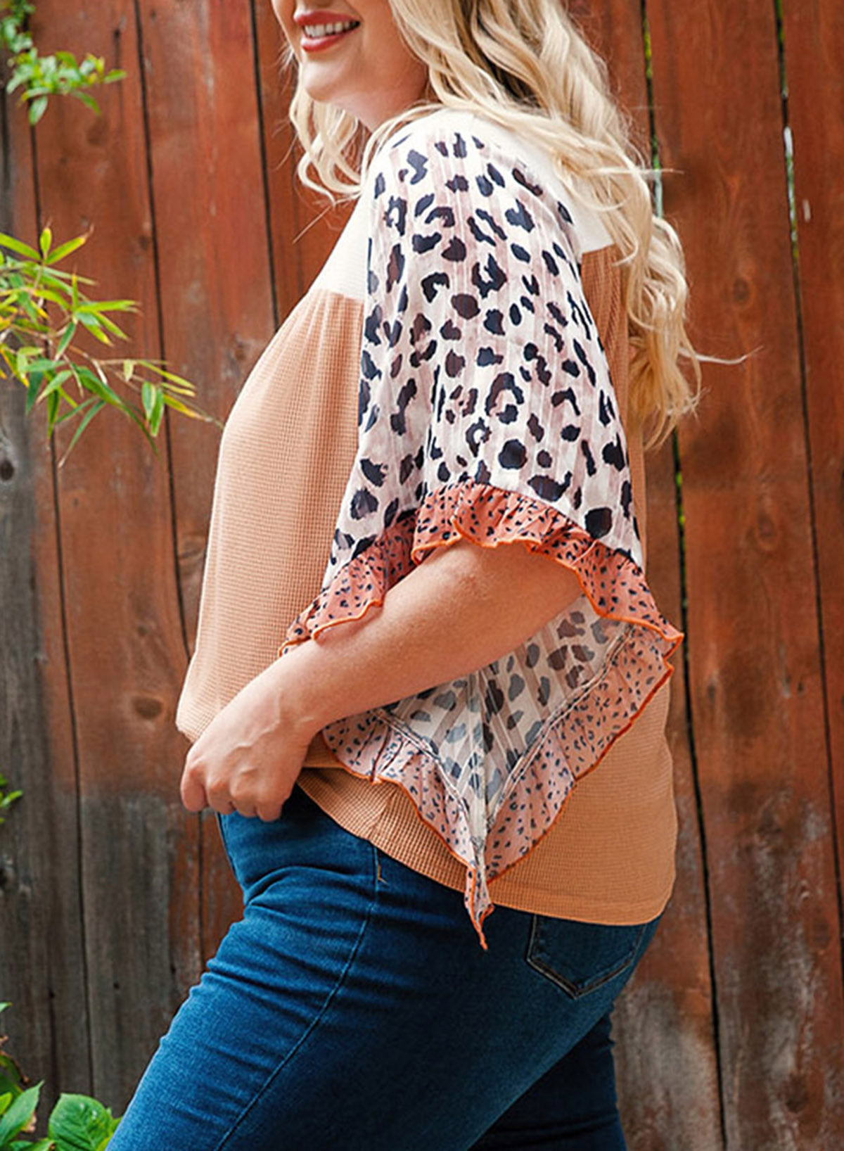 Top for Women Ruffle-Trimmed Plus Size Waffle Knitted