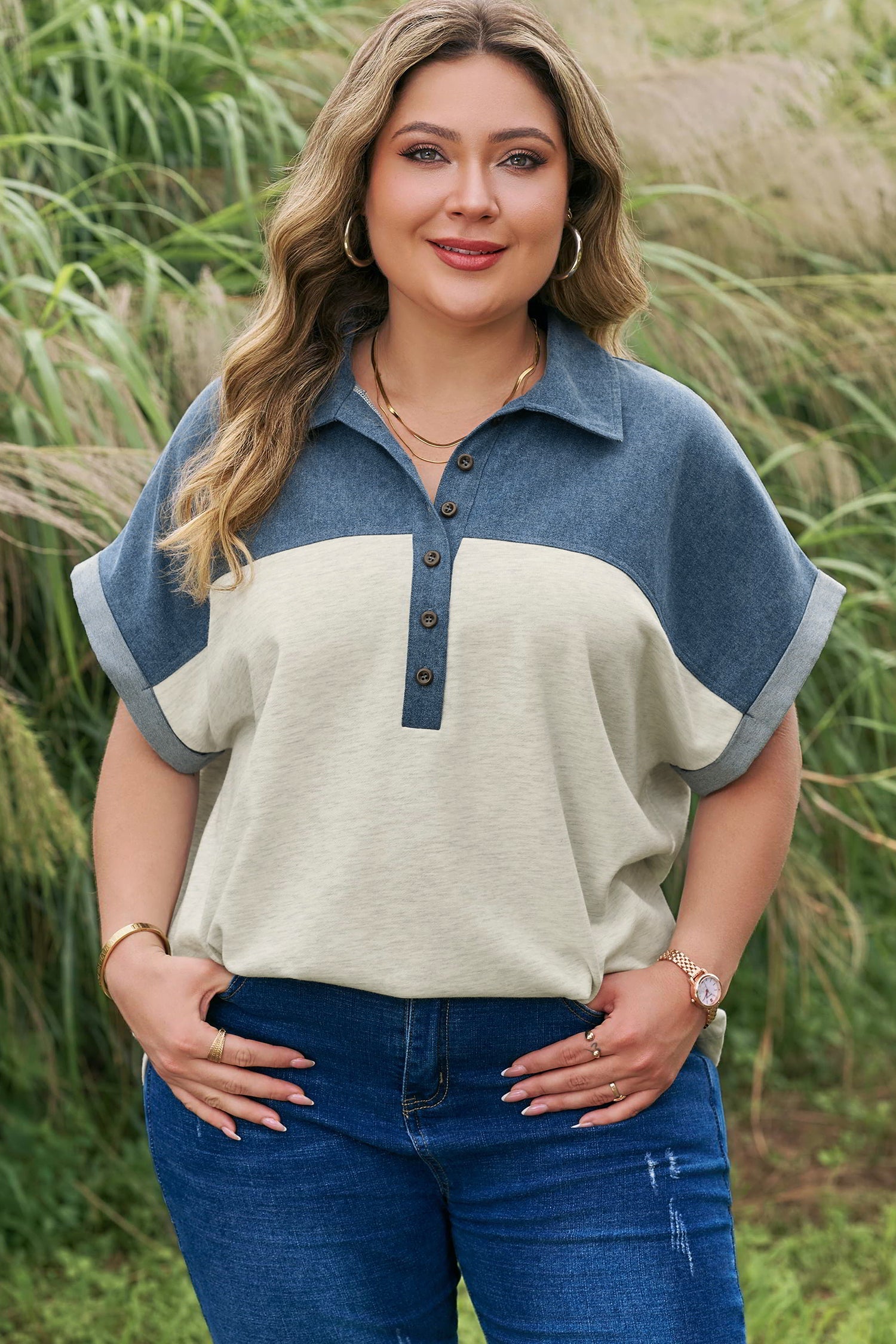 Light Buttons Grey Half Collared Denim Plus Short-Sleeved Top