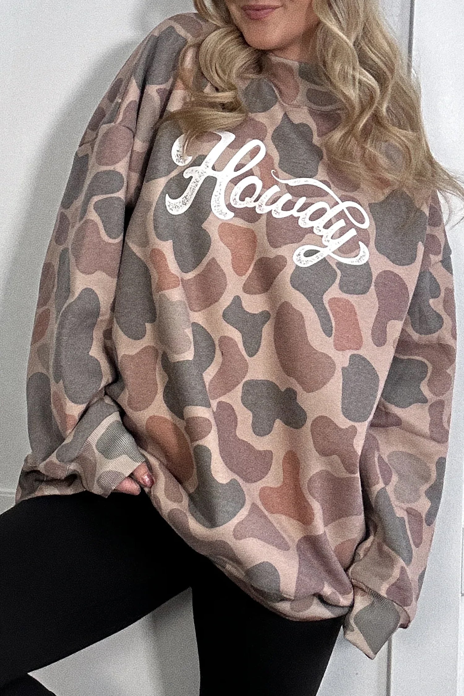 Camo Western Print Howdy Style Baggy Pullover Sweatshirt in Multicolour